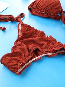 Ribbed Knit Halter Tie Side Bikini - Brown - View 3