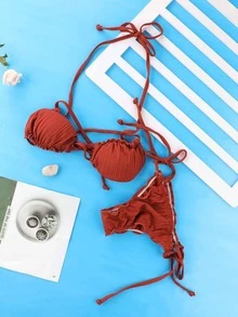 Ribbed Knit Halter Tie Side Bikini - Brown - View 5