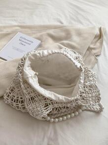 Faux Pearl Decor Medium Crochet Bag Hollow Out Design - White - View 7