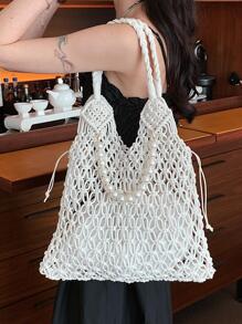 Faux Pearl Decor Medium Crochet Bag Hollow Out Design - White - View 2