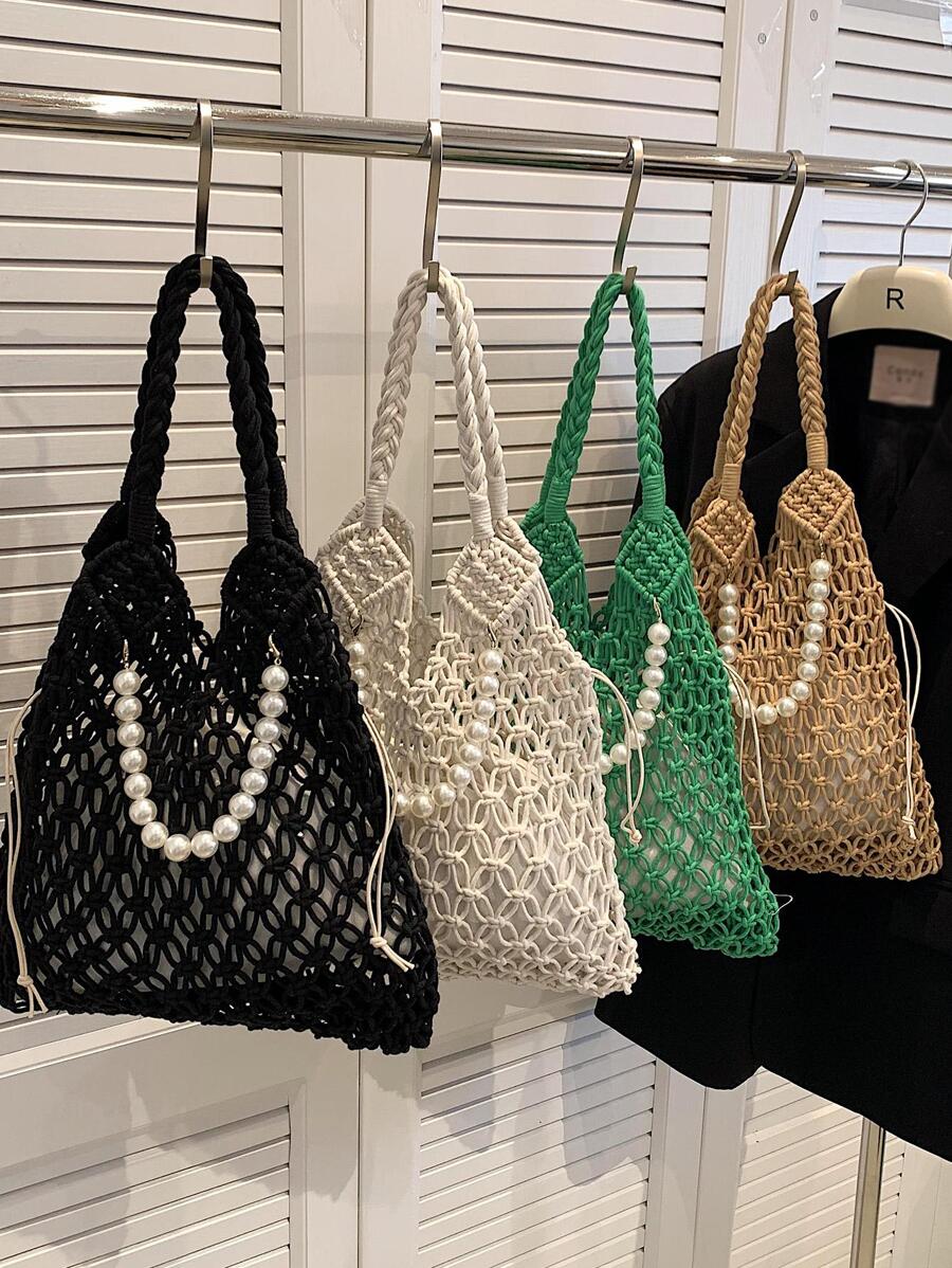 Faux Pearl Decor Medium Crochet Bag Hollow Out Design - White - View 1