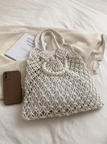 Faux Pearl Decor Medium Crochet Bag Hollow Out Design - White - View 9