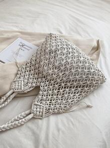 Faux Pearl Decor Medium Crochet Bag Hollow Out Design - White - View 8