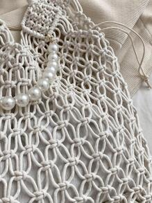 Faux Pearl Decor Medium Crochet Bag Hollow Out Design - White - View 5