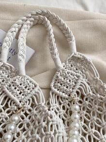 Faux Pearl Decor Medium Crochet Bag Hollow Out Design - White - View 3