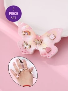 5pcs/set Colorful Zinc Alloy Rainbow Heart, Flower, Butterfly Adjustable Rings For Girls, Suitable As Daily Accessories And Gifts - Multicolor - View 2