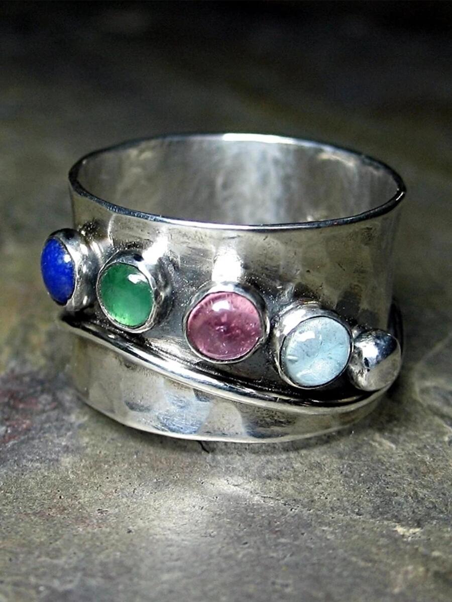 1pc Fashion Stainless Steel Rhinestone Decor Ring For Women For Daily Decoration - Antique Silver - View 1