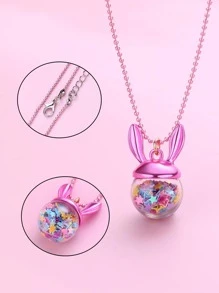 1pc Cute Zinc Alloy & Plastic Bunny Ear Pendant Necklace With Star & Glittery Pink Beaded Chain Packed In Pvc Bottle, Suitable For Daily Jewelry Accessory - Pink - View 4
