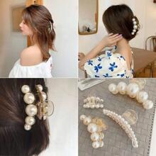4pcs French Faux Pearl Hair Claw Clip White Elegant Non-Slip Strong Hold Grip Hair Jaw Clip For Thick Hair Accessories Hair Clips Hair Clamps Hair Clutch