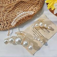 4pcs French Faux Pearl Hair Claw Clip White Elegant Non-Slip Strong Hold Grip Hair Jaw Clip For Thick Hair Accessories Hair Clips Hair Clamps Hair Clutch