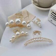4pcs French Faux Pearl Hair Claw Clip White Elegant Non-Slip Strong Hold Grip Hair Jaw Clip For Thick Hair Accessories Hair Clips Hair Clamps Hair Clutch