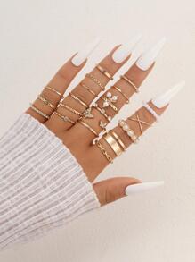 18pcs/set Glamorous Zinc Alloy Rhinestone Decor Ring For Women For Daily Decoration - Yellow Gold - View 1