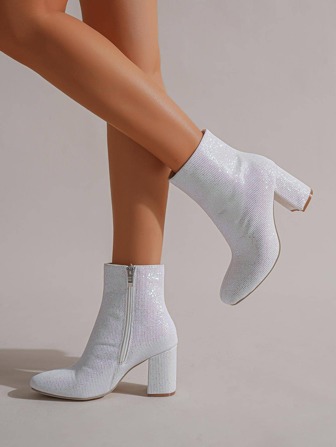 Women Side Zip Chunky Heeled Classic Boots, Glitter Glamorous Boots