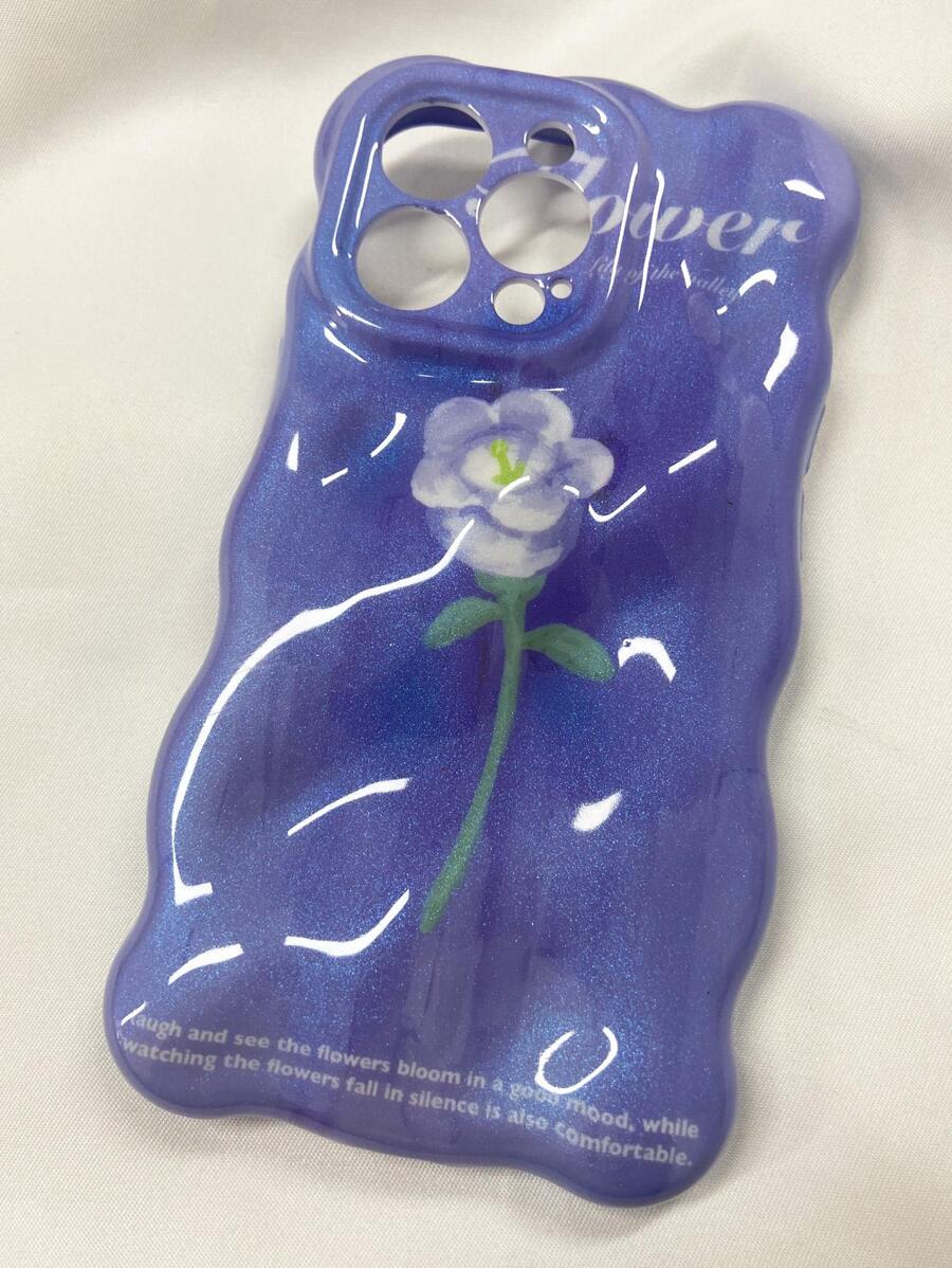 Korean Style Simple Blue Rose Pattern & Pleated Texture Phone Case