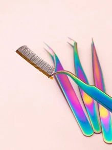 Pinzas de pestañas de titanio de colores, pinzas de precisión de acero inoxidable 4 piezas, herramientas de extensión de pestañas, para extensiones de pestañas - Rojo violeta - Ver 4