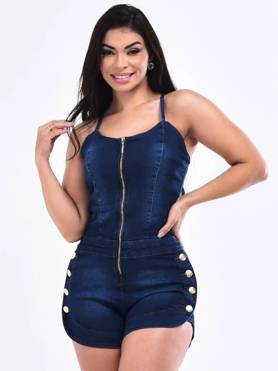 Macaquinho jeans Feminino com Botões Macaquinho Jeans com Lycra