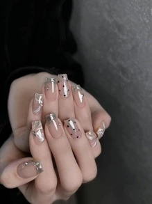 24 piezas corto ataúd en forma de con patrón de lunares Uñas falsas Set