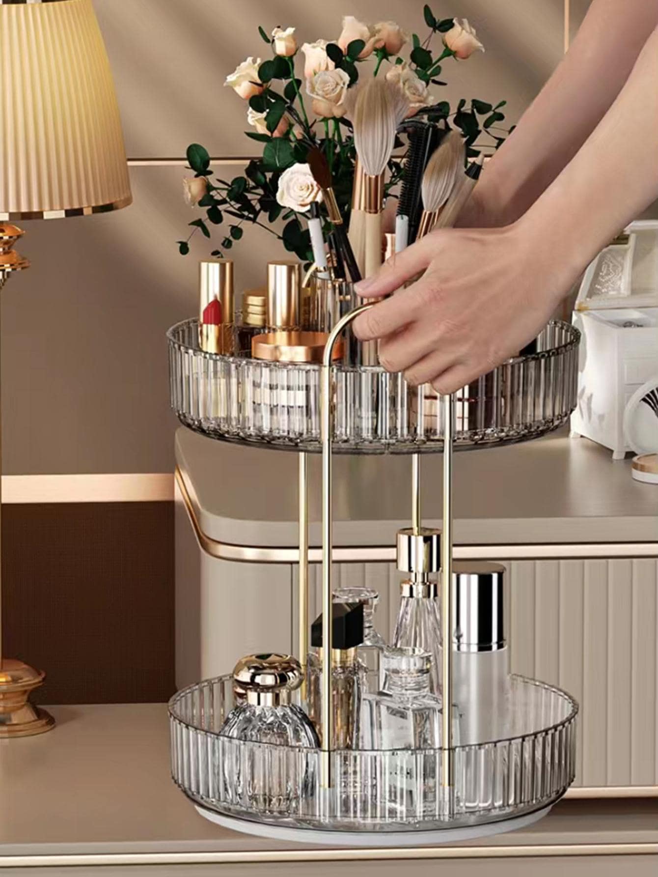 旋轉化妝品收納盒,高容量護膚品透明收納盒香水收納盒化妝品化妝台收納架,適用於香水、口紅、乳液、化妝刷 - 灰色 - 查看 1