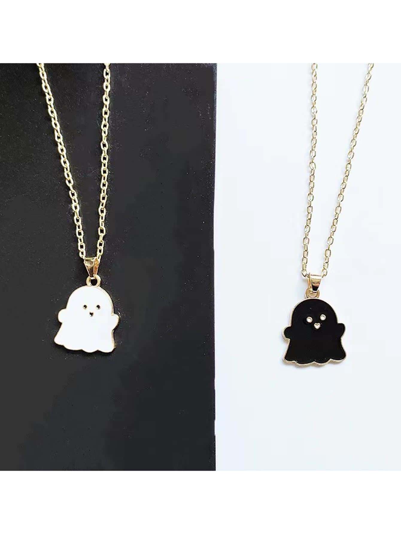 2入組/套情侶鬼吊墜項鍊 - 黑與白 - 查看 1