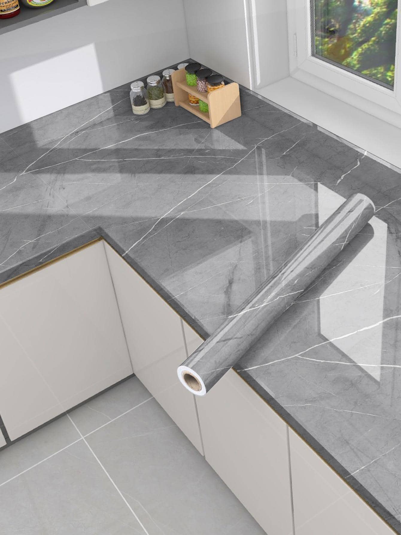 1 rollo de Adhesivo de PVC para cocina, Adhesivo decorativo de pared de cocina con patrón de mármol moderno, impermeable y removible para decoración del hogar, artículos de decoración de primavera para renovar tu hogar, regalos de decoración Rama para cumpleaños y graduación - Gris - Añade 2