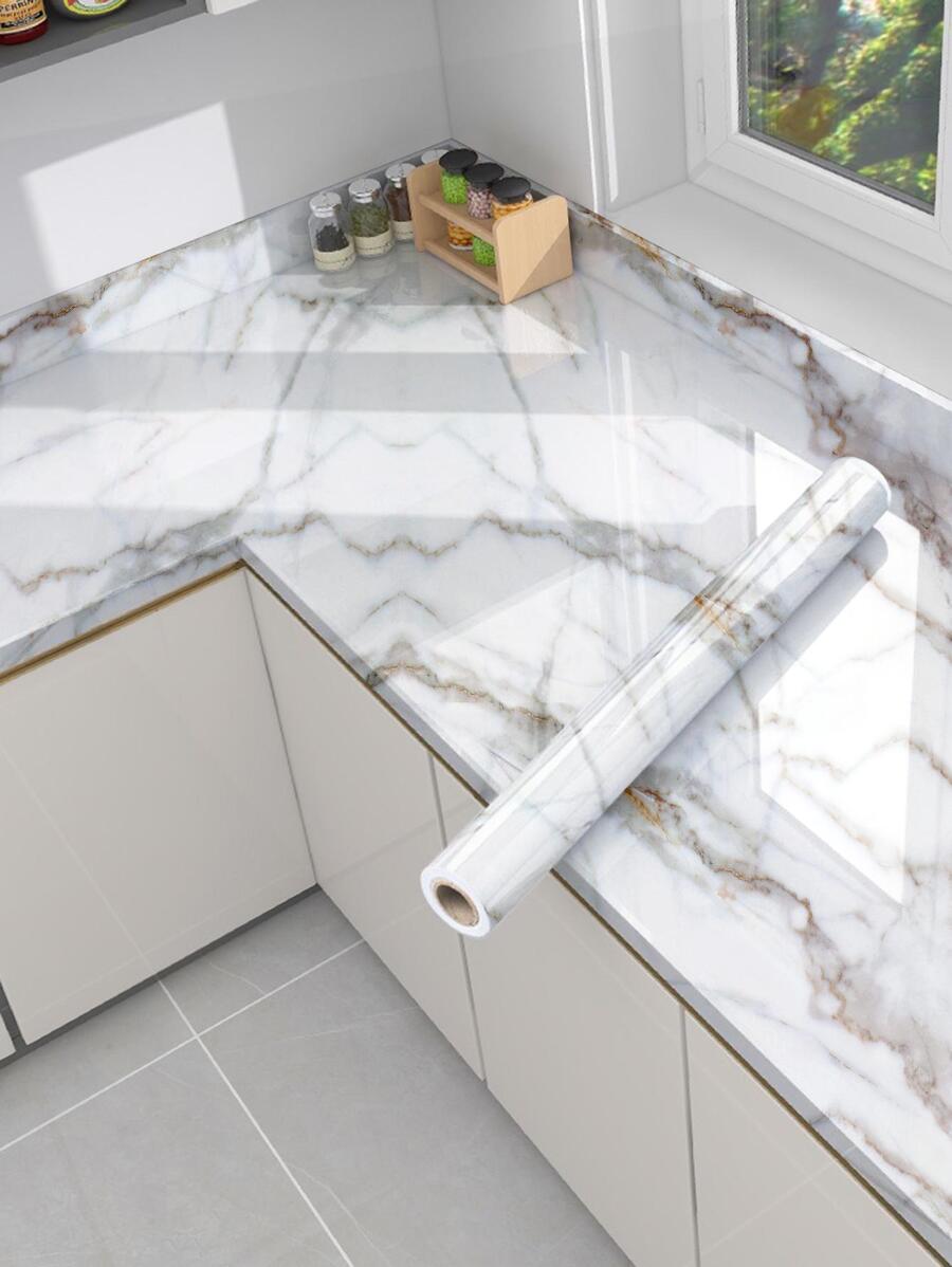 1roll PVC Kitchen Sticker, Modern Marble Pattern Waterproof Removable