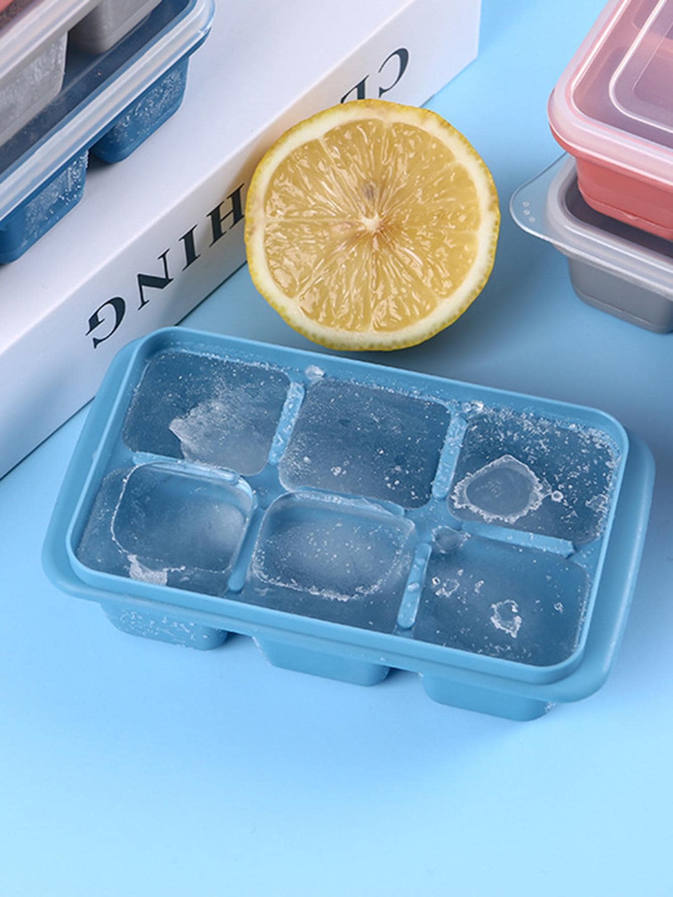 1pc PP Ice Cube Mould With Cover, Modernist Rectangle Ice Cube Maker Tray For Kitchen - Baby Blue - View 1