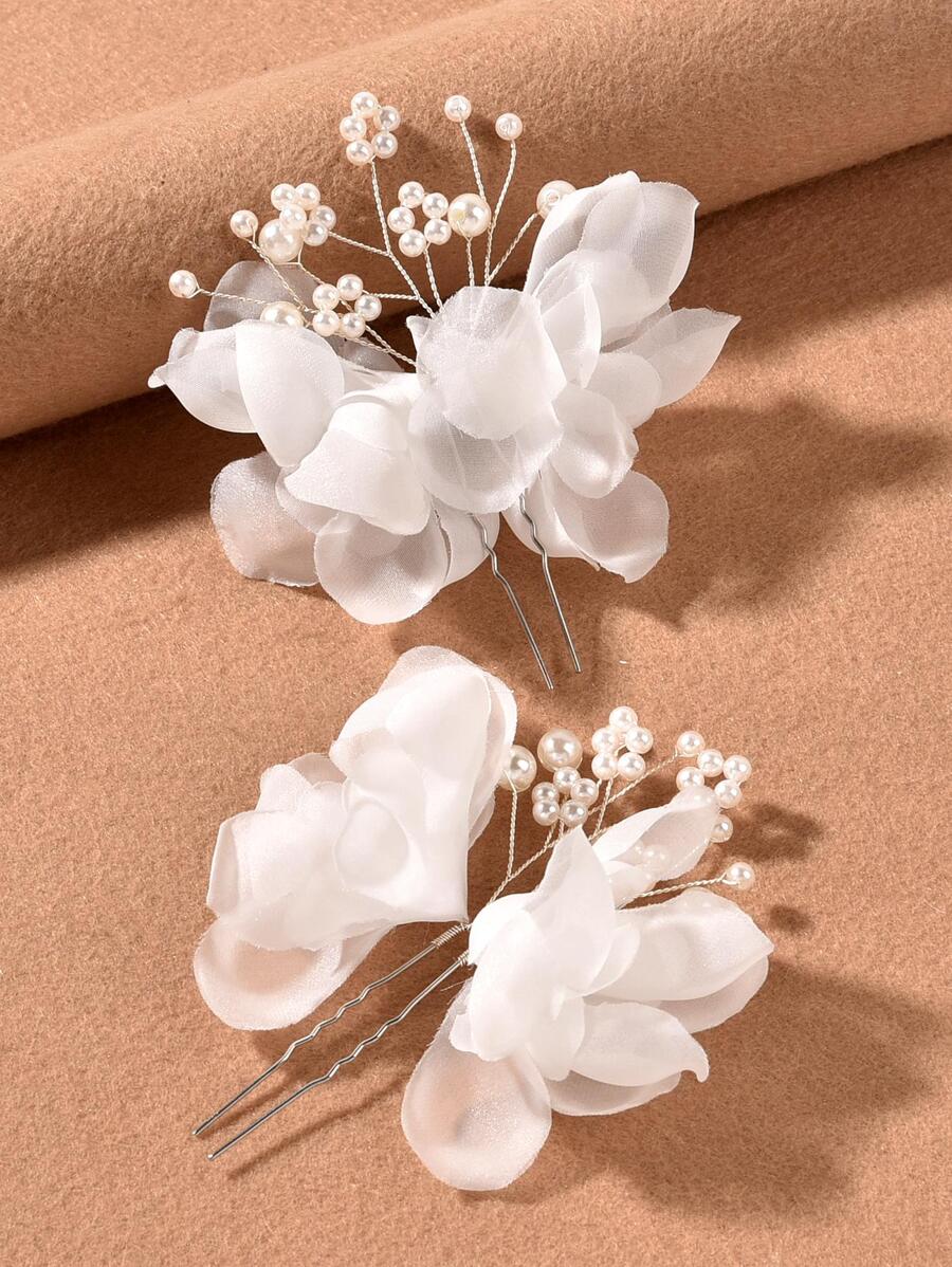 2pcs/Set Women Orange Fabric Flower & Faux Pearl Hair Clips, Wedding Party Accessories, Bridesmaids Gifts, Hair Accerssories, Head Accessories - White - View 1