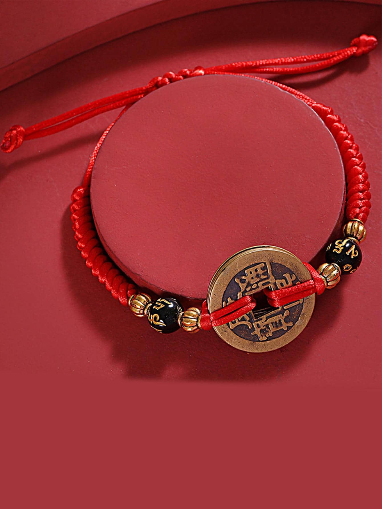 1入組復古風格手工編織中國傳統硬幣手鍊時尚古代 5 硬幣手鍊幸運願望 - 彩色 - 查看 1