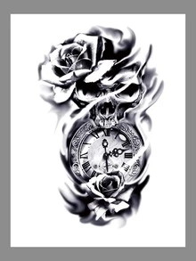 1pc Realista Rosa Cráneo Y Reloj Tatuaje Pegatina Para Hombres Y Mujeres, Impermeable Y Duradero - Negro - Ver 3