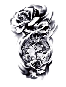 1pc Realista Rosa Cráneo Y Reloj Tatuaje Pegatina Para Hombres Y Mujeres, Impermeable Y Duradero - Negro - Ver 2