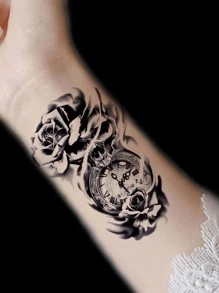 1pc Realista Rosa Cráneo Y Reloj Tatuaje Pegatina Para Hombres Y Mujeres, Impermeable Y Duradero - Negro - Ver 1