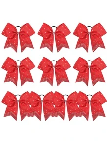 20 PCS Rhinestones Two Toned Large Cheer Hair Bows 7" Glitter Cheer Ponytail Holder Handmade For Teen Girls Softball Cheerleader Sports -Orange/Black - 紅色 - 查看 2