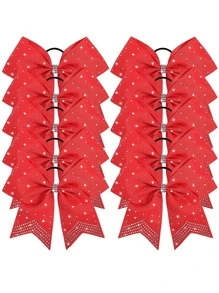 20 PCS Rhinestones Two Toned Large Cheer Hair Bows 7" Glitter Cheer Ponytail Holder Handmade For Teen Girls Softball Cheerleader Sports -Orange/Black - 紅色 - 查看 8