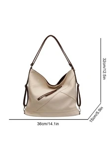 Tối giản Litchi Embossed Túi Hobo Dây kéo Trang trí Công suất lớn - Màu be - Xem 3