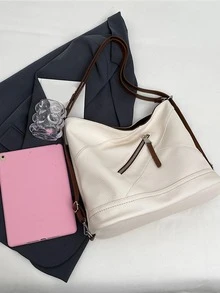 Tối giản Litchi Embossed Túi Hobo Dây kéo Trang trí Công suất lớn - Màu be - Xem 5