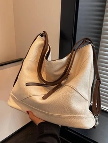 Tối giản Litchi Embossed Túi Hobo Dây kéo Trang trí Công suất lớn - Màu be - Xem 2