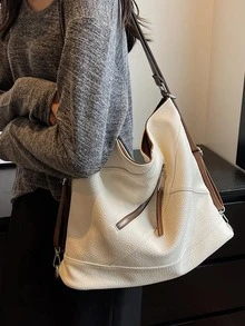 Tối giản Litchi Embossed Túi Hobo Dây kéo Trang trí Công suất lớn - Màu be - Xem 7