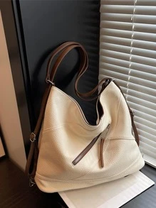 Tối giản Litchi Embossed Túi Hobo Dây kéo Trang trí Công suất lớn - Màu be - Xem 1