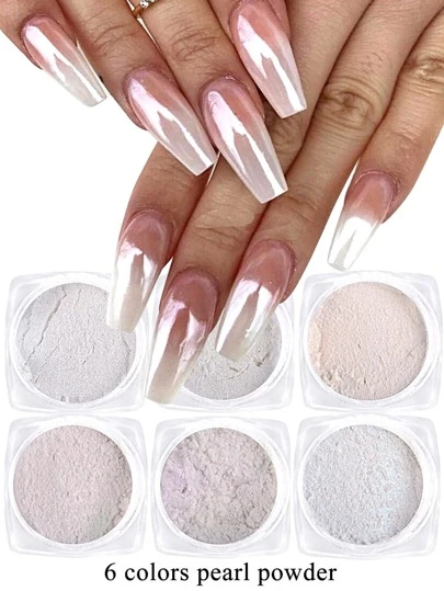 FULL BEAUTY 镀铬指甲粉，6 瓶冰透明全息珠光极光指甲粉镜面指甲彩绘颜料粉 DIY 指甲饰品指甲宝石指甲用品