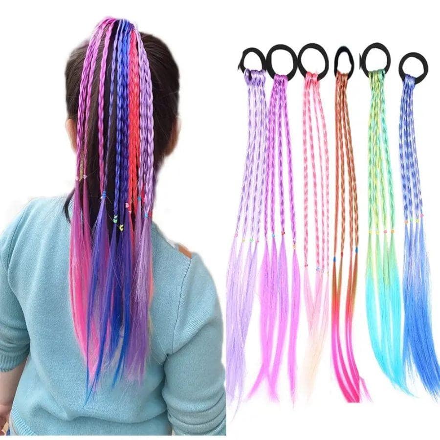6pcs Kids Girls Hair Extension Colorful Braided Wigs Ponytail Rubber Bands Headwear Hair Accessories Casual,Y2k - Multicolor - View 1