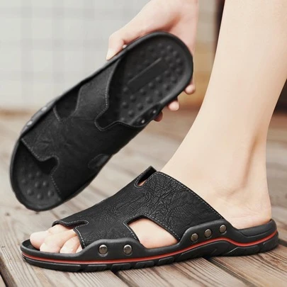 Men Textured Studded Decor Slippers, Leisure Black Slides For Summer