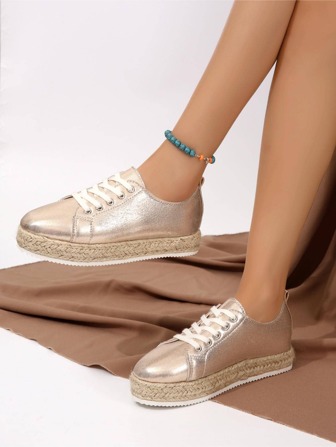 Metallic Lace-up Crochet Skate Shoes, Breathable Flat Sneakers, Fashionable Elevator Shoes, Versatile