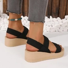 女式度假黑色涼鞋，極簡露跟坡跟涼鞋 - 黑色 - 查看 4