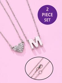 Collar con incrustaciones de diamantes de imitación de plástico transparente con forma de corazón y letra de aleación de zinc de 2 piezas para niñas, ideal para el regalo del día de la madre de su hija - Plateado - Ver 1