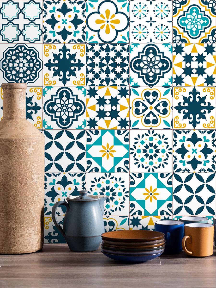 SUPSTICKER 1卷PVC廚房貼紙，現代主義幾何圖案廚房防水牆面翻新貼紙 - 彩色 - 查看 1