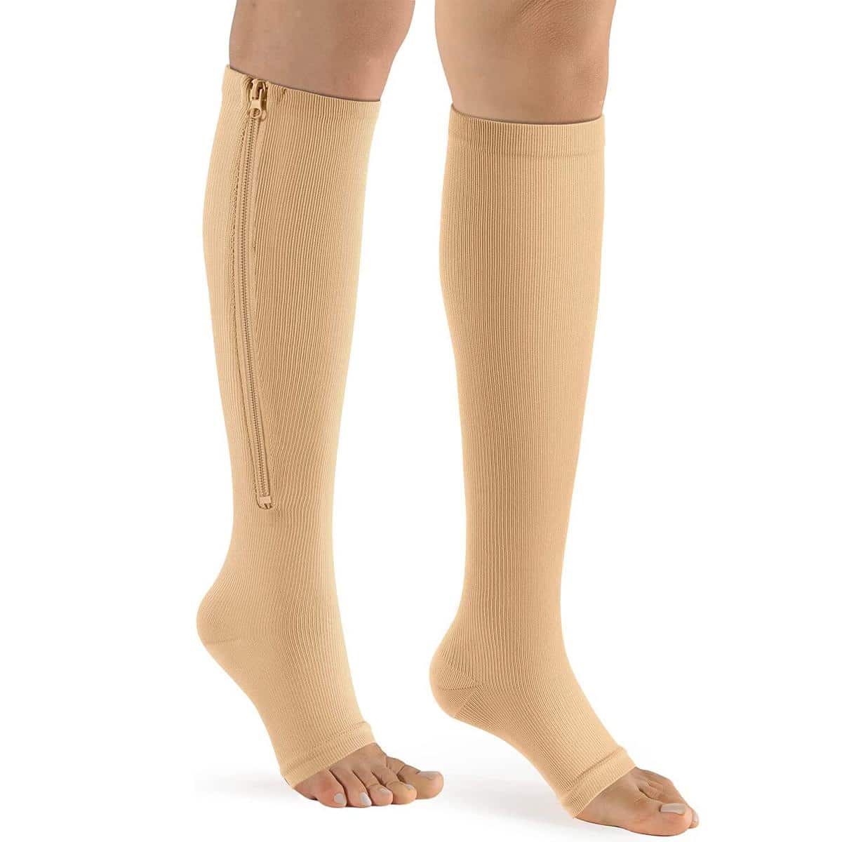 Sports Outdoor 1Pair Zipper Compression Socks Women & Men - Calf Knee High 15-20mmHg Open Toe Compression Stocking Suit For Walking, Running - Beige - View 1