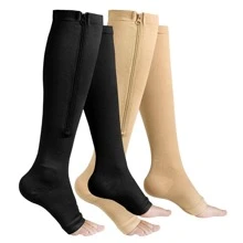 Sports Outdoor 1Pair Zipper Compression Socks Women & Men - Calf Knee High 15-20mmHg Open Toe Compression Stocking Suit For Walking, Running - Beige - View 9