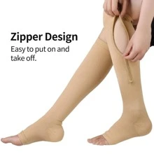 Sports Outdoor 1Pair Zipper Compression Socks Women & Men - Calf Knee High 15-20mmHg Open Toe Compression Stocking Suit For Walking, Running - Beige - View 7
