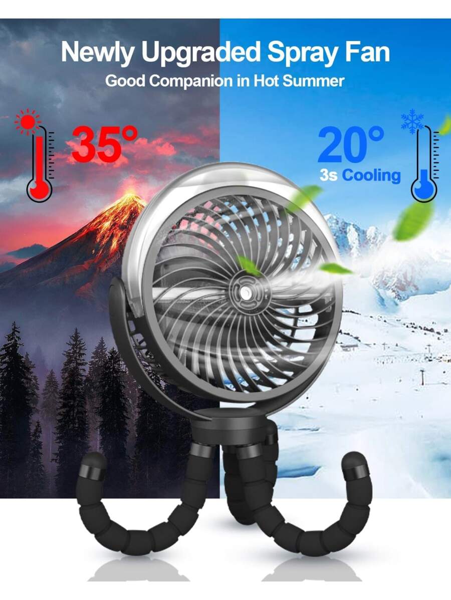 Misting Stroller Fan 6000mAh Battery Operated Portable Fan With Light & 360° Pivoting, Personal Fan With Flexible Tripod For Baby, Office, Travel,Treadmill,Outdoors - 黑色 - 查看 1