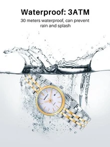 BERNY 1pc Women Two Tone Stainless Steel Strap Business Date Water Resistant Round Dial Mechanical Watch, For Daily Life - White - View 3